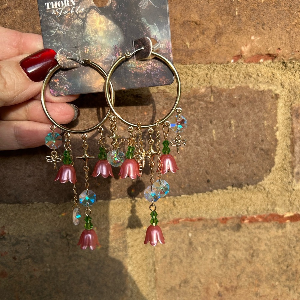 Thorn & Fable Flower Dragonfly Drop Hoop Earrings - Picture 2 of 2